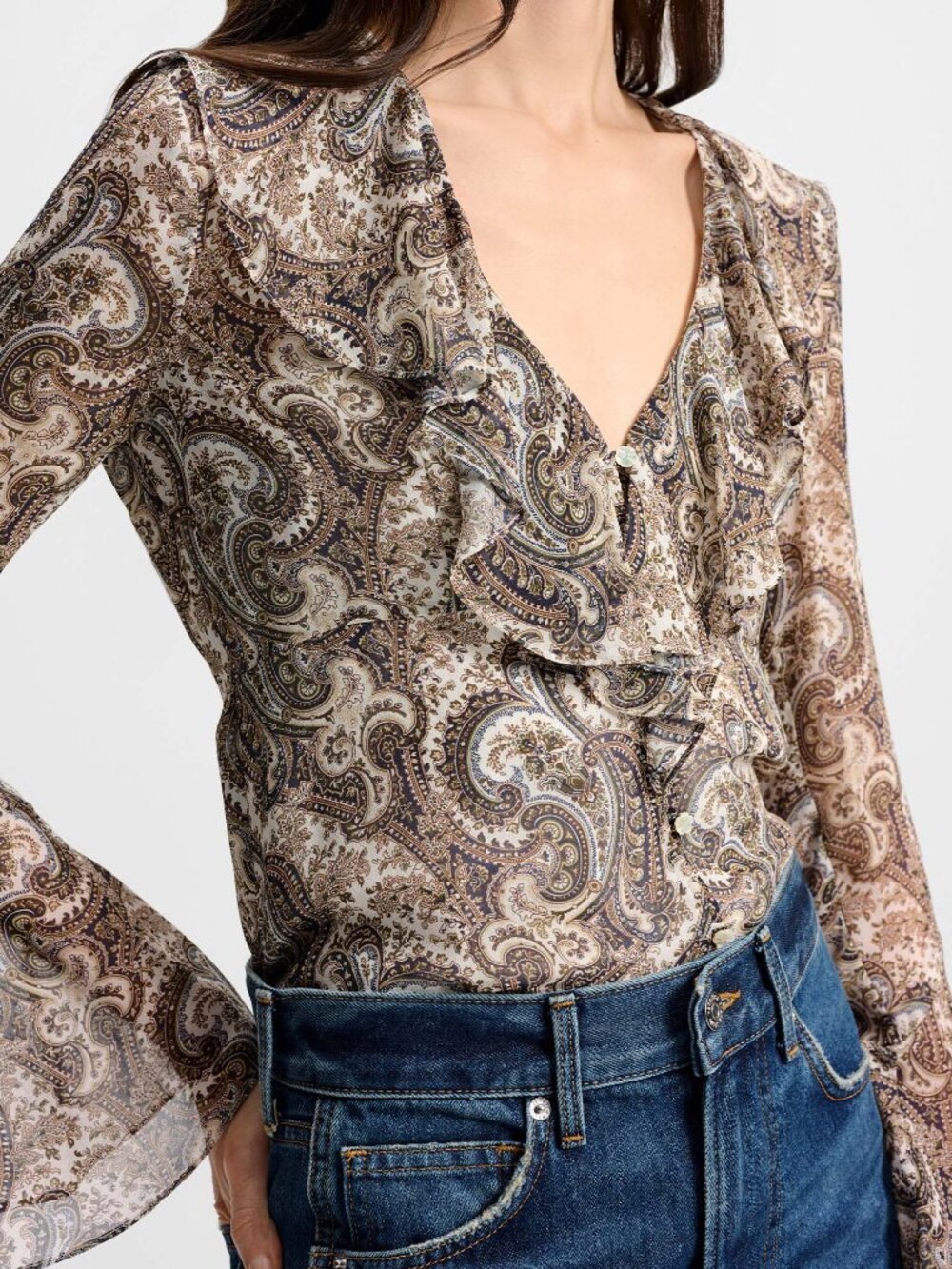 Veronica Beard Silk Blouse: Beige Paisley Ruffled Long-Sleeve Top